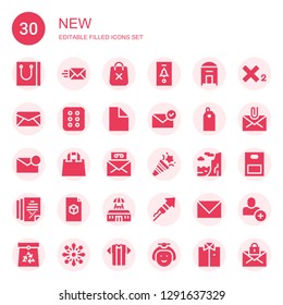 new icon set. Collection of 30 filled new icons included Shopping bag, Email, Notification, Mail, Cracker, File, Price tag, Confetti, Cliff, Tesla, Fireworks, Subscript, Paper bag
