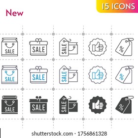 nuevo conjunto de iconos. regalo incluido, bolso de compra, como, íconos de etiqueta de precio sobre fondo blanco. estilos lineales, bicolores, rellenos.