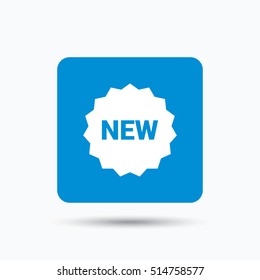 New icon. Special offer star symbol. Blue square button with flat web icon. Vector