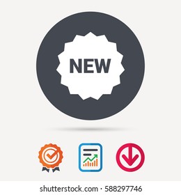 New icon. Special offer star symbol. Report document, award medal with tick and new tag signs. Colored flat web icons. Vector