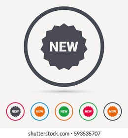 New icon. Special offer star symbol. Round circle buttons. Colored flat web icons. Vector