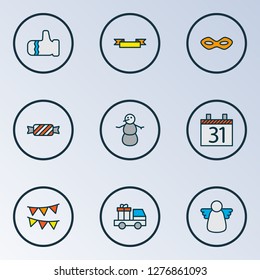 New icons colored line set with banner, glove, car with gift and other ribbon elements. Isolated vector illustration new icons.