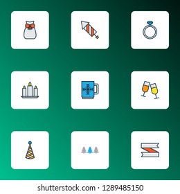 New icons colored line set with gift sack, ribbon banner, ring and other paraffin elements. Isolated vector illustration new icons.