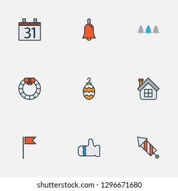 New icons colored line set with petard, bell, glove and other mitten elements. Isolated vector illustration new icons.