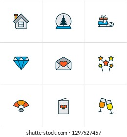 New icons colored line set with celebration fireworks, clink glasses, santa gift and other sledge elements. Isolated vector illustration new icons.