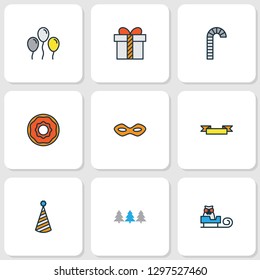 New icons colored line set with candy cane, donut, party hat cap elements. Isolated vector illustration new icons.
