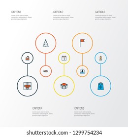 New icons colored line set with flag, gift, christmas shopping and other date elements. Isolated vector illustration new icons.