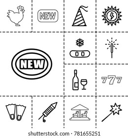 New icons. set of 13 editable outline new icons such as new, sparklers, flippers, snowflake, party hat, sparkler, fireworks, wine glass and bottle, sun battery, chicken