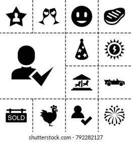 New icons. set of 13 editable filled new icons such as add user, clink glasses, favorite user, fireworks, party hat, beef, cabriolet, sold tag, sun battery, chicken, smile