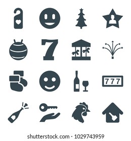 New icons. set of 16 editable filled new icons such as 7 number, smile, opened champagne, carousel, fit ball, heart tag, favorite user, christmas tree, fireworks, home key