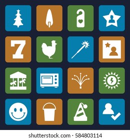 new icons set. Set of 16 new filled icons such as chicken, 7 number, sparklers, bucket, pine-tree, heart tag, favourite user, christmas tree, fireworks, favorite photo