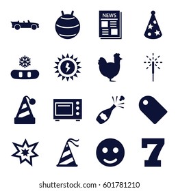 new icons set. Set of 16 new filled icons such as chicken, 7 number, news, party hat, sparkler, fireworks, cabriolet, microwave, sun battery, tag, champagne, snowflake, smile