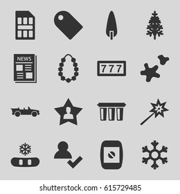New icons set. set of 16 new filled icons such as 7 number, pine-tree, news, favourite user, cookie, cabriolet, garland, camera display, snowflake, filter, sim card, tag