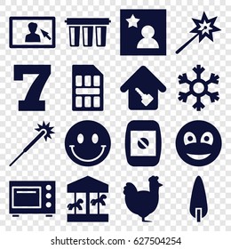 New icons set. set of 16 new filled icons such as chicken, 7 number, sparklers, pine-tree, smiley, camera display, favorite photo, home key, microwave, snowflake, filter