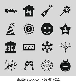 New icons set. set of 16 new filled icons such as 7 number, opened champagne, clink glasses, favourite user, party hat, fireworks, confetti, cabriolet, snowflake, sun battery