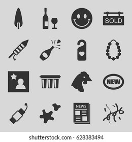 New icons set. set of 16 new filled icons such as chicken, pine-tree, heart tag, news, fireworks, firework, cookie, confetti, garland, favorite photo, sold tag, filter, smiley