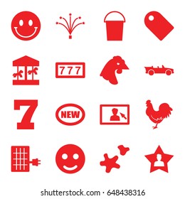 New Icons Set. Set Of 16 New Filled Icons Such As Chicken, 7 Number, Bucket, Favourite User, Fireworks, Cookie, Cabriolet, Camera Display, Solar Panel, Tag, Smiley, Carousel