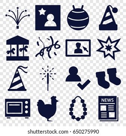 New icons set. set of 16 new filled icons such as chicken, baby socks, news, party hat, sparkler, fireworks, confetti, garland, favorite photo, camera display, microwave