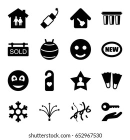 New icons set. set of 16 new filled icons such as heart tag, favourite user, smiley, firework, fireworks, confetti, home key, sold tag, snowflake, filter, key on hand