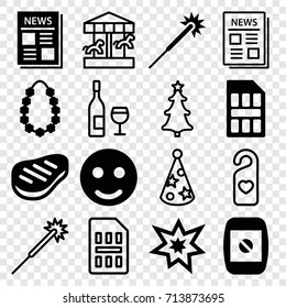 New icons set. set of 16 new filled and outline icons such as sparklers, news, fireworks, beef, garland, camera display, sim card, heart tag, christmas tree, party hat, smile