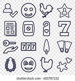 New icons set. set of 16 new outline icons such as chicken, 7 number, pine-tree, heart tag, news, favourite user, smiley, cookie, garland, camera display, smile, add user