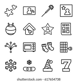New icons set. set of 16 new outline icons such as baby socks, 7 number, sparklers, favourite user, fireworks, cookie, favorite photo, camera display, home key, microwave