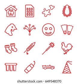 New icons set. set of 16 new outline icons such as chicken, baby socks, sparklers, party hat, fireworks, firework, cookie, cabriolet, garland, filter, sim card, smile