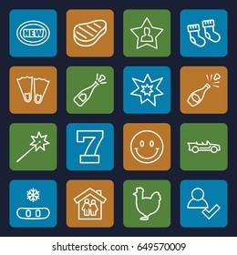 New icons set. set of 16 new outline icons such as chicken, baby socks, 7 number, favourite user, fireworks, beef, cabriolet, opened champagne, add user, new, smiley