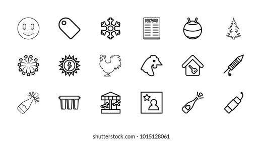 New icons. set of 18 editable outline new icons: chicken, opened champagne, carousel, fit ball, tag, fireworks, firework, favorite photo, home key, snowflake, filter