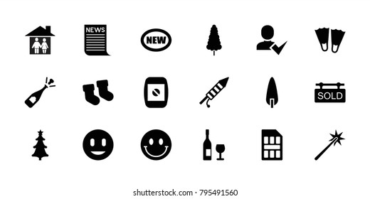 New icons. set of 18 editable filled new icons: baby socks, new, opened champagne, flippers, pine-tree, christmas tree, fireworks, camera display, sold tag, sim card, smiley