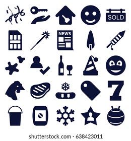 New icons set. set of 25 new filled icons such as chicken, 7 number, sparklers, bucket, pine-tree, favourite user, smiley, fireworks, cookie, beef, confetti, camera display