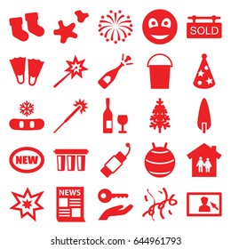 New icons set. set of 25 new filled icons such as baby socks, sparklers, bucket, opened champagne, pine-tree, smiley, firework, fireworks, cookie, party hat, confetti
