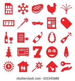 New icons set. set of 25 new filled icons such as chicken, 7 number, sparklers, opened champagne, pine-tree, smiley, christmas tree, firework, fireworks, beef, cabriolet