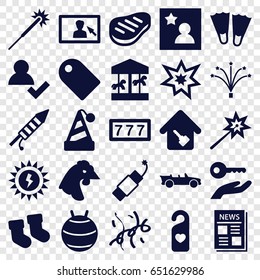 New icons set. set of 25 new filled icons such as chicken, baby socks, 7 number, sparklers, heart tag, news, fireworks, firework, beef, confetti, cabriolet, favorite photo