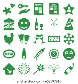 New Icons Set. Set Of 25 New Filled Icons Such As Chicken, 7 Number, Pine-tree, Clink Glasses, News, Favourite User, Smiley, Sparkler, Fireworks, Firework, Cookie, Home Key