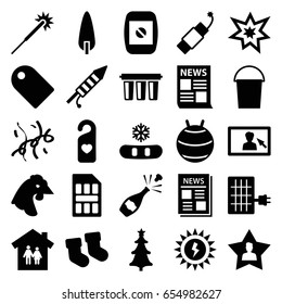 New icons set. set of 25 new filled icons such as chicken, baby socks, sparklers, bucket, pine-tree, heart tag, news, favourite user, christmas tree, fireworks, firework