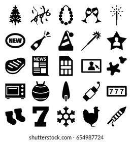 New Icons Set. Set Of 25 New Filled Icons Such As Chicken, Baby Socks, 7 Number, Sparklers, Opened Champagne, Pine-tree, Clink Glasses, Favourite User, Sparkler, Fireworks