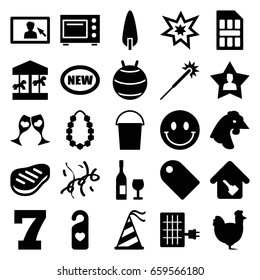 New Icons Set. Set Of 25 New Filled Icons Such As Chicken, 7 Number, Sparklers, Bucket, Pine-tree, Clink Glasses, Heart Tag, Favourite User, Party Hat, Fireworks, Beef