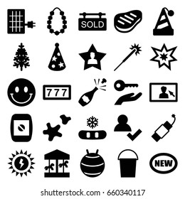 New Icons Set. Set Of 25 New Filled Icons Such As 7 Number, Sparklers, Bucket, Pine-tree, Favourite User, Firework, Fireworks, Cookie, Party Hat, Beef, Garland, Camera Display