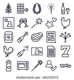 new icons set. Set of 25 new outline icons such as chicken, 7 number, sparklers, pine-tree, clink glasses, heart tag, sparkler, fireworks, cookie, beef, cabriolet, garland
