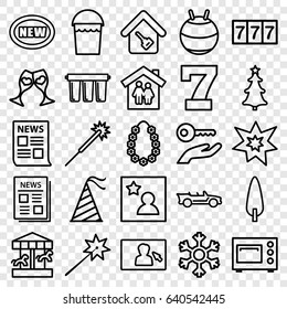 New icons set. set of 25 new outline icons such as 7 number, sparklers, bucket, pine-tree, clink glasses, news, party hat, christmas tree, fireworks, cabriolet, garland