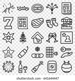 New icons set. set of 25 new outline icons such as baby socks, 7 number, pine-tree, clink glasses, news, favourite user, firework, fireworks, beef, confetti, cabriolet
