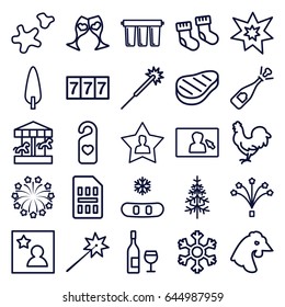 New icons set. set of 25 new outline icons such as chicken, baby socks, 7 number, sparklers, pine-tree, clink glasses, heart tag, favourite user, fireworks, cookie, beef
