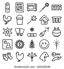 New icons set. set of 25 new outline icons such as chicken, baby socks, 7 number, sparklers, bucket, pine-tree, heart tag, sparkler, fireworks, favorite photo, home key