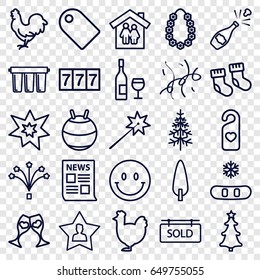 New icons set. set of 25 new outline icons such as chicken, baby socks, 7 number, pine-tree, clink glasses, heart tag, favourite user, christmas tree, fireworks, confetti