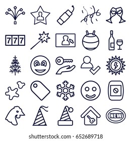 New Icons Set. Set Of 25 New Outline Icons Such As Chicken, 7 Number, Pine-tree, Clink Glasses, Favourite User, Party Hat, Smiley, Firework, Fireworks, Cookie, Confetti