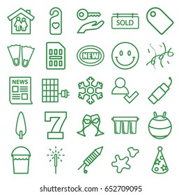 New icons set. set of 25 new outline icons such as 7 number, bucket, pine-tree, clink glasses, heart tag, sparkler, fireworks, firework, cookie, party hat, confetti, sold tag