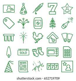 New Icons Set. Set Of 25 New Outline Icons Such As Chicken, Baby Socks, 7 Number, Pine-tree, Favourite User, Party Hat, Sparkler, Fireworks, Confetti, Camera Display