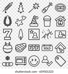 New icons set. set of 25 new outline icons such as 7 number, bucket, pine-tree, christmas tree, fireworks, cookie, beef, confetti, garland, favorite photo, camera display
