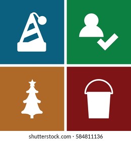 new icons set. Set of 4 new filled icons such as bucket, christmas tree, party hat